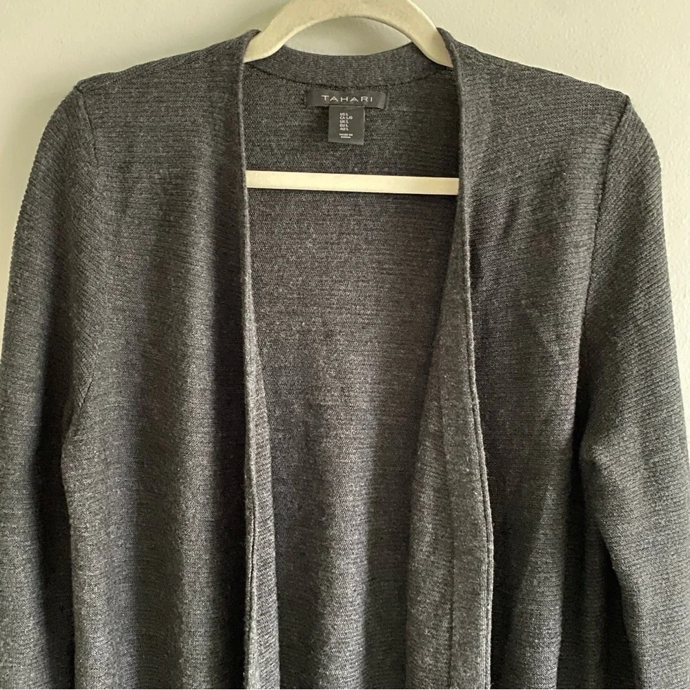 TAHARI Extra Fine Merino Wool Dark Gray Open Cardigan Size L - Picture 3 of 13